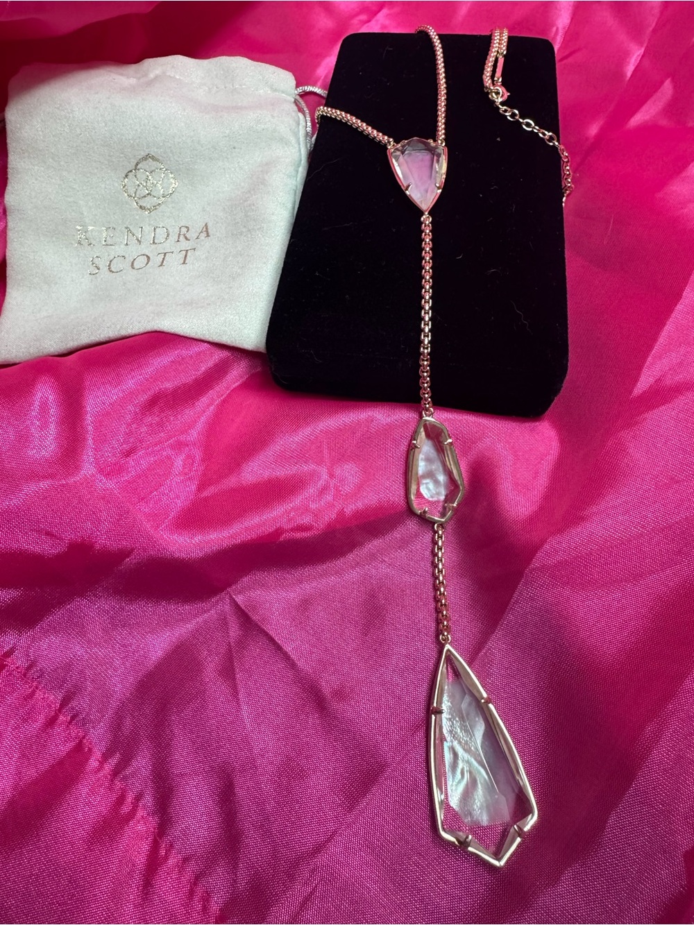 Kendra Scott Rose Gold Pink Crystal Pendant Lariat Necklace